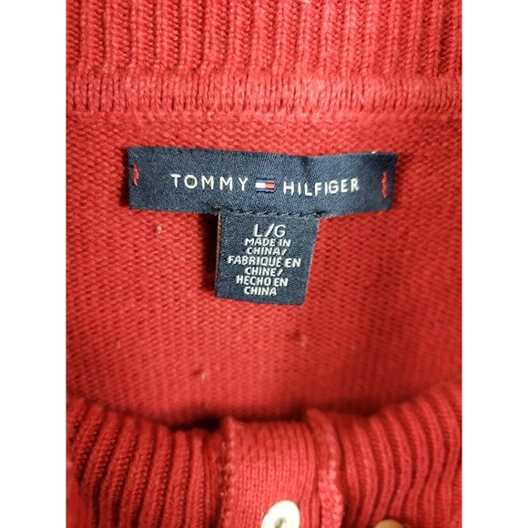 TOMMY HILFIGER WOMEN'S SZ L RED 1/4 snap RIB KNIT COTTON SPELLOUT SWEATER - Picture 2 of 9